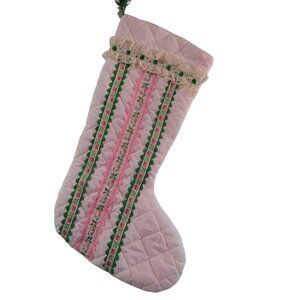Vintage Quilted Christmas Stocking Lace Embroidered Ribbon RicRac Pink Green EUC